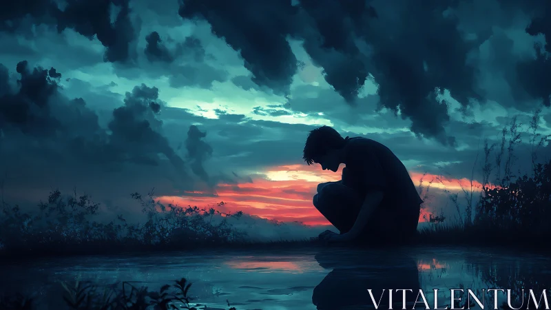Solitary figure kneeling by water under stormy dusk sky.