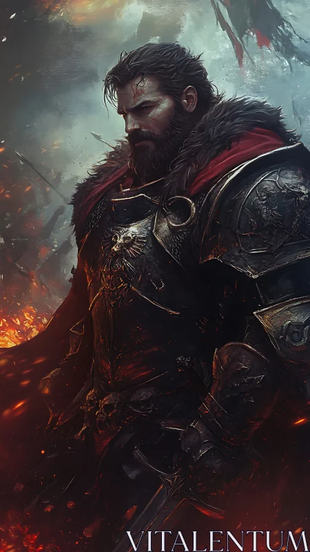 Armored warrior stands in profile amid embers and smoke