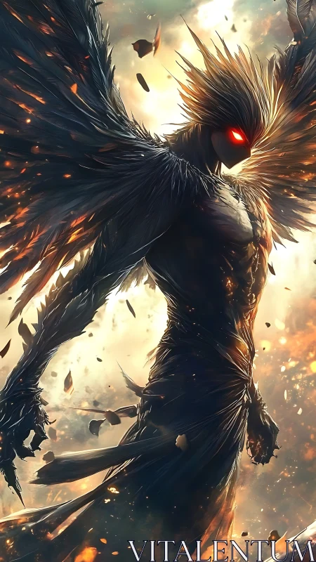 Dark winged humanoid with glowing eyes in fiery light.