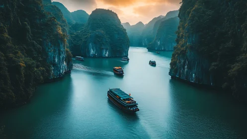 Emerald bay cruise boats amid towering karst cliffs at dusk.