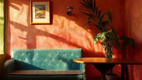 Sunlit teal sofa against warm textured orange wall.