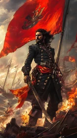 Fiery sea captain rising from battle’s stormlit chaos.