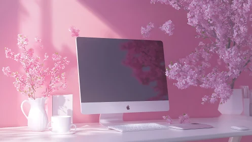 Minimalist pink workstation integrates desktop display and floral decor