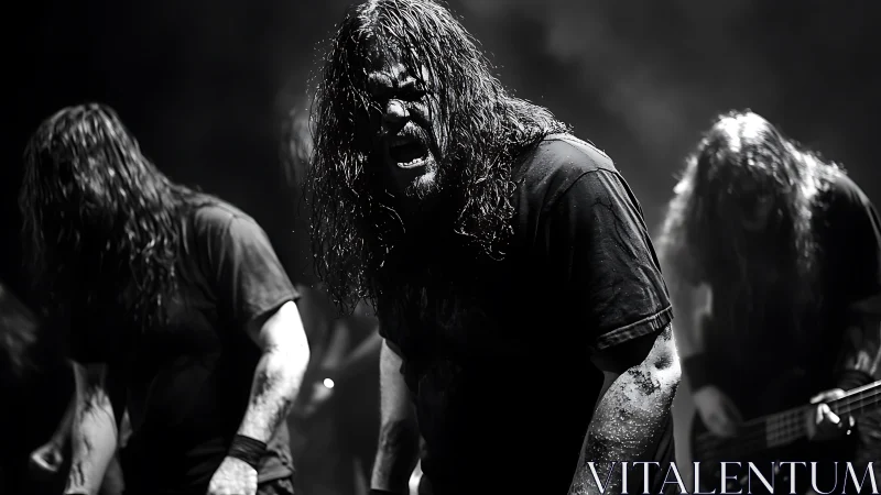 Metal band performance under high contrast stage lighting.