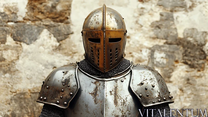 Medieval knight in worn plate armor stands before stone wall
