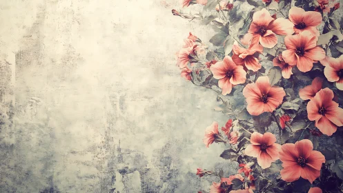 Vintage botanical composition with salmon-hued flowers against distressed neutral backdrop.
