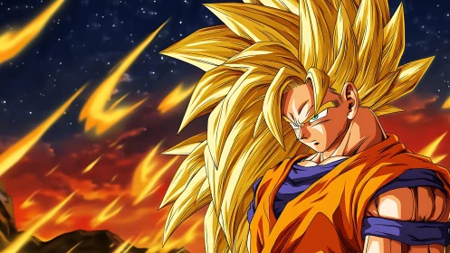 Golden-haired warrior ignites the sky in blazing resolve.