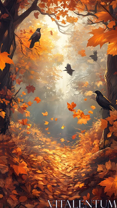 Golden forest path with watchful crows and swirling leaves.