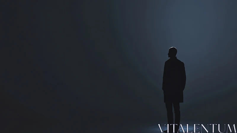 Silhouetted businessman stands in cinematic spotlighted void.