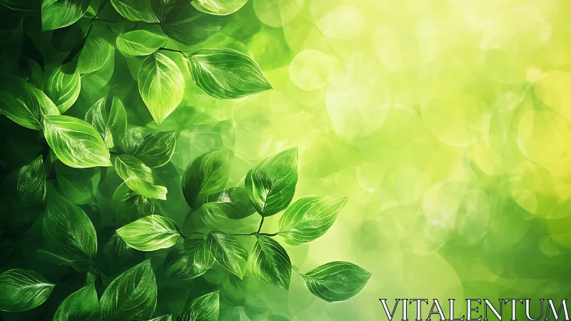 Green leaves glow against soft bokeh light background.