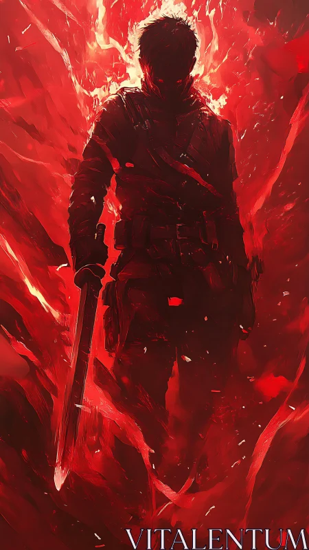 Flaming swordsman emerges from swirling crimson inferno.