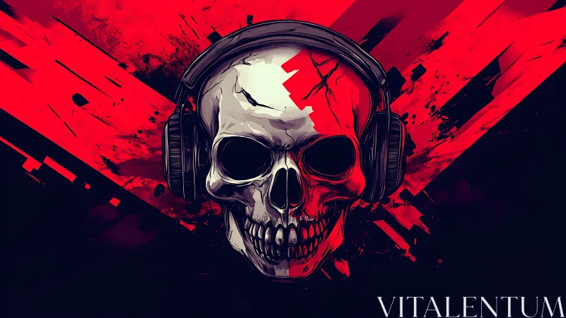 Skull with headphones dominates abstract red splatter field