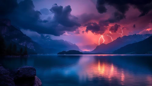 Stormlit mountain lake glows under dramatic twilight lightning
