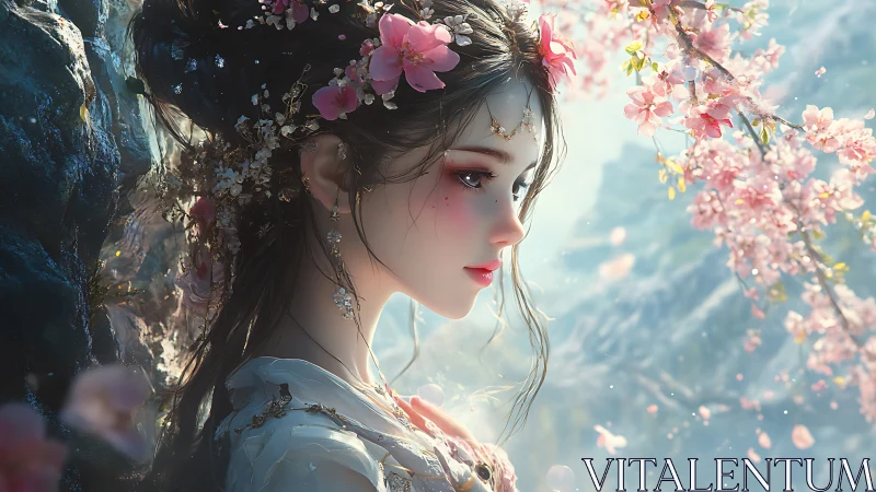 Spring blossom dreamer beside drifting cherry petals.