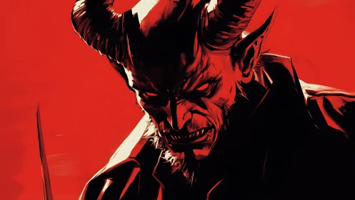 Horned fury in scarlet shadows, half-lit and seething dark.