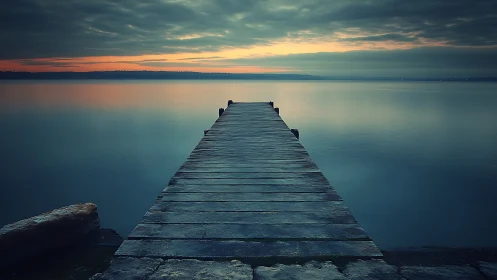 Wooden pier extends into still lake under moody dawn sky.