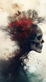 Skull dissolves into autumn forest crowned by dark birds