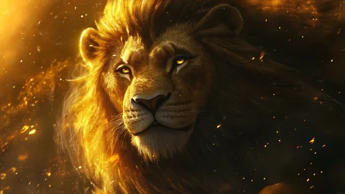 Majestic lion portrait in glowing golden embers.