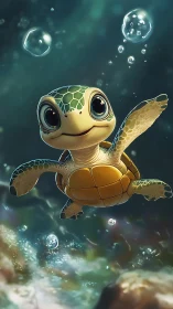 Cute cartoon baby sea turtle swimming underwater.