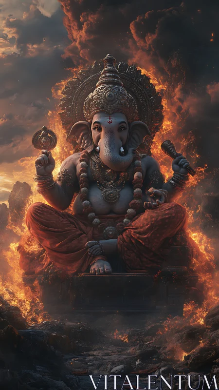 Digital painting of Ganesha enthroned amid apocalyptic fire cloudscape.