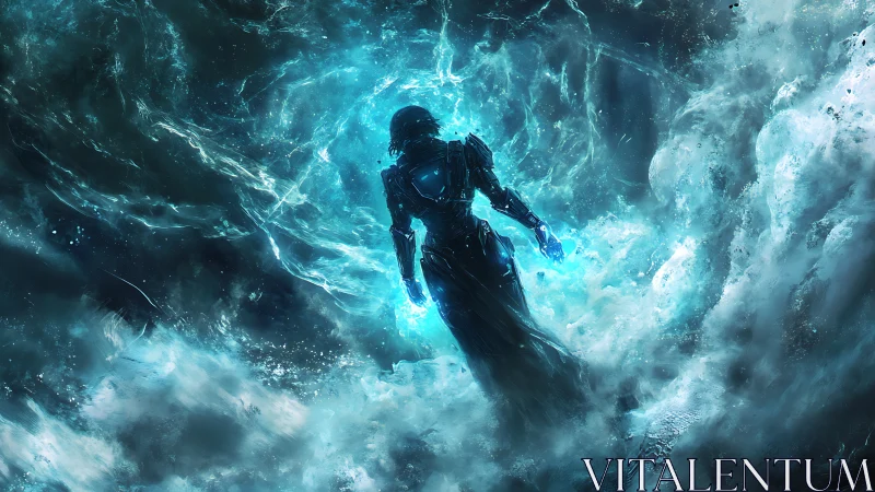 Cybernetic diver in luminescent vortex environment, digital painting.