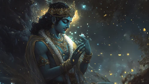 Digital painting of divine blue figure with luminous lotus focus.