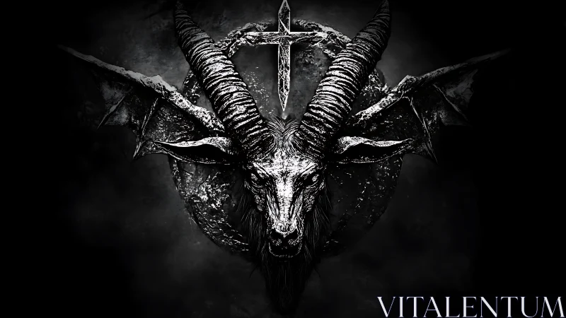 Dark goat skull with horns, bat wings and inverted cross.