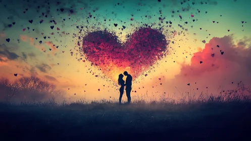 Love Ignites: Silhouetted Souls Beneath Exploding Hearts.
