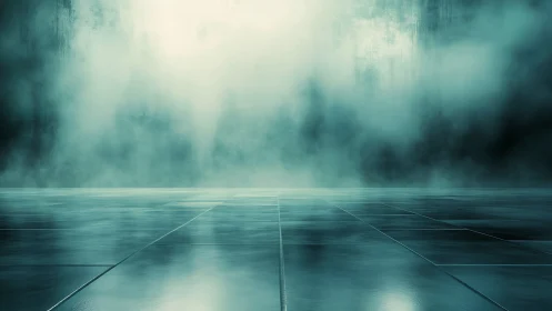 Empty tiled floor recedes into dense ambient fog layer