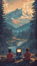 Retro daydream console under mountains of molten sunrise.