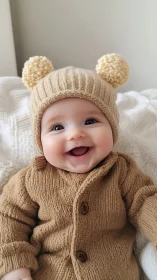Smiling Infant in Cream Knit Bear Hat and Cardigan.