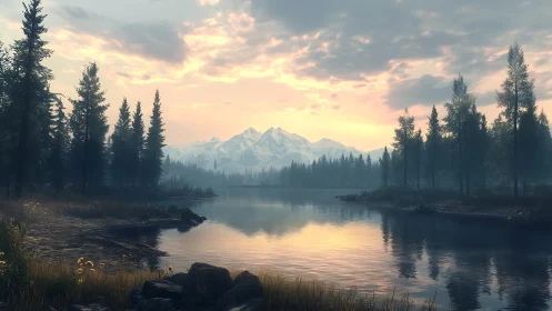 Sunrise mountain lake with misty pine forest reflection.