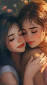 Two Women in Golden Light Embrace.