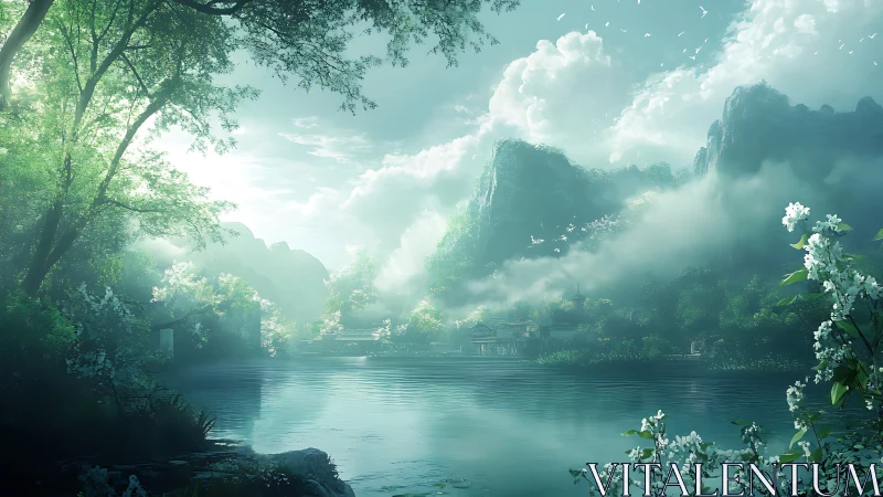 Mist-kissed valley lake cradled in soft morning light.