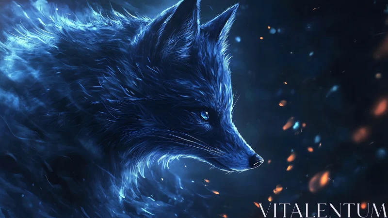 Luminous blue fox spirit in swirling cosmic embers.