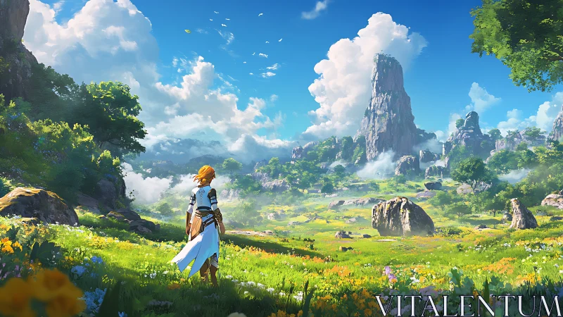 Lone wanderer greeting a sunlit valley of colossal spires.