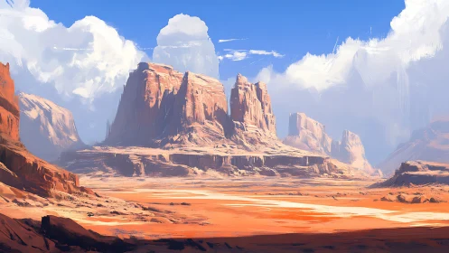 Sunlit desert mesas rise beneath towering summer clouds.