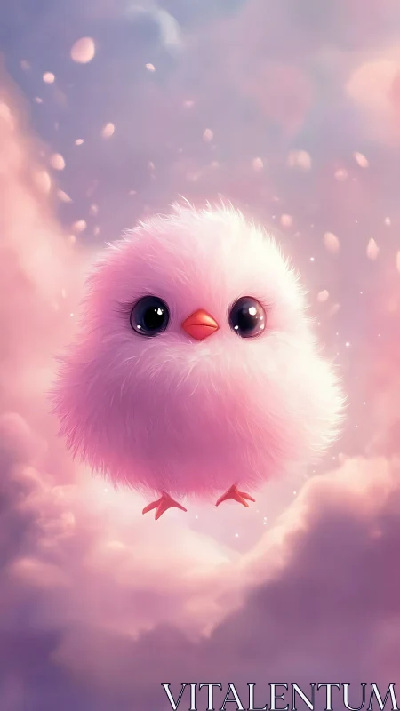 Spherical avian form rendered with volumetric pink gradation and specular eye highlights