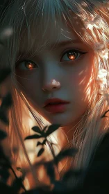 Luminous-eyed girl in foliage bathed in dappled sunset light.