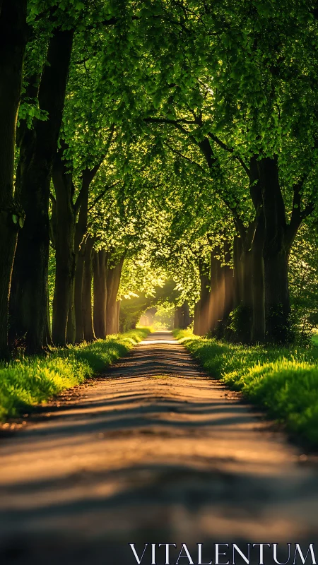 Sunlit forest path under dense green canopy at dawn.