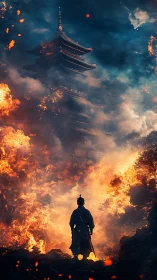Samurai silhouette before burning pagoda in dense smoke.