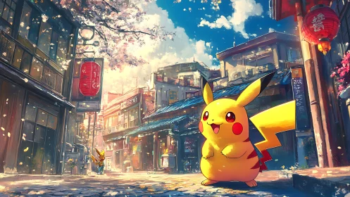 Pikachu in sunlit neo-traditional Japanese street environment.
