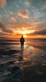 Silhouetted person on wet beach observing coastal sunset.