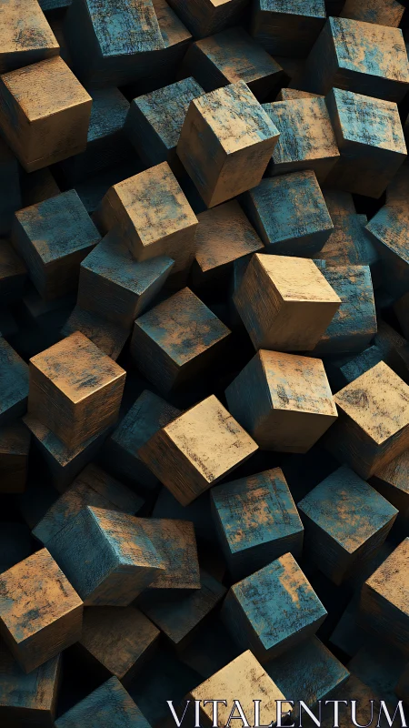 Stacked textured cubes in dense irregular arrangement.