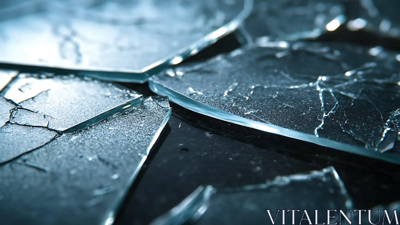 Close-up of Broken Glass Pieces in Dramatic Lighting, Realistic Style.
