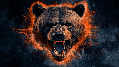 Fiery roaring bear head on dark textured digital background.