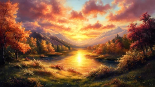 Autumn valley lake at sunset with distant mountain range.