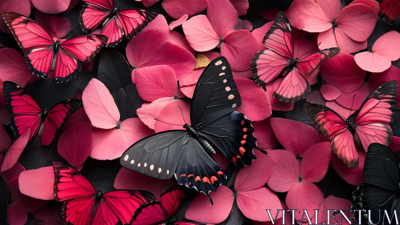 Black butterfly amid vivid pink butterflies and petals.