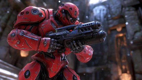 Scarlet titan aims heavy blaster in frostbitten ruins.