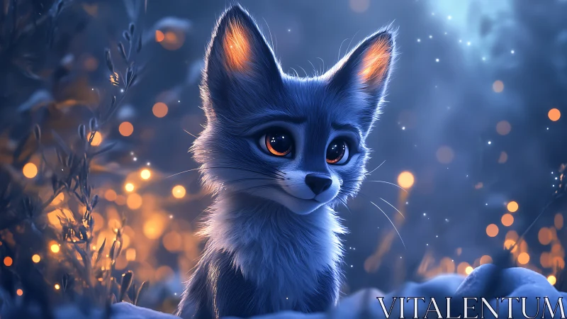 Blue-toned fox character with glowing bokeh lights.